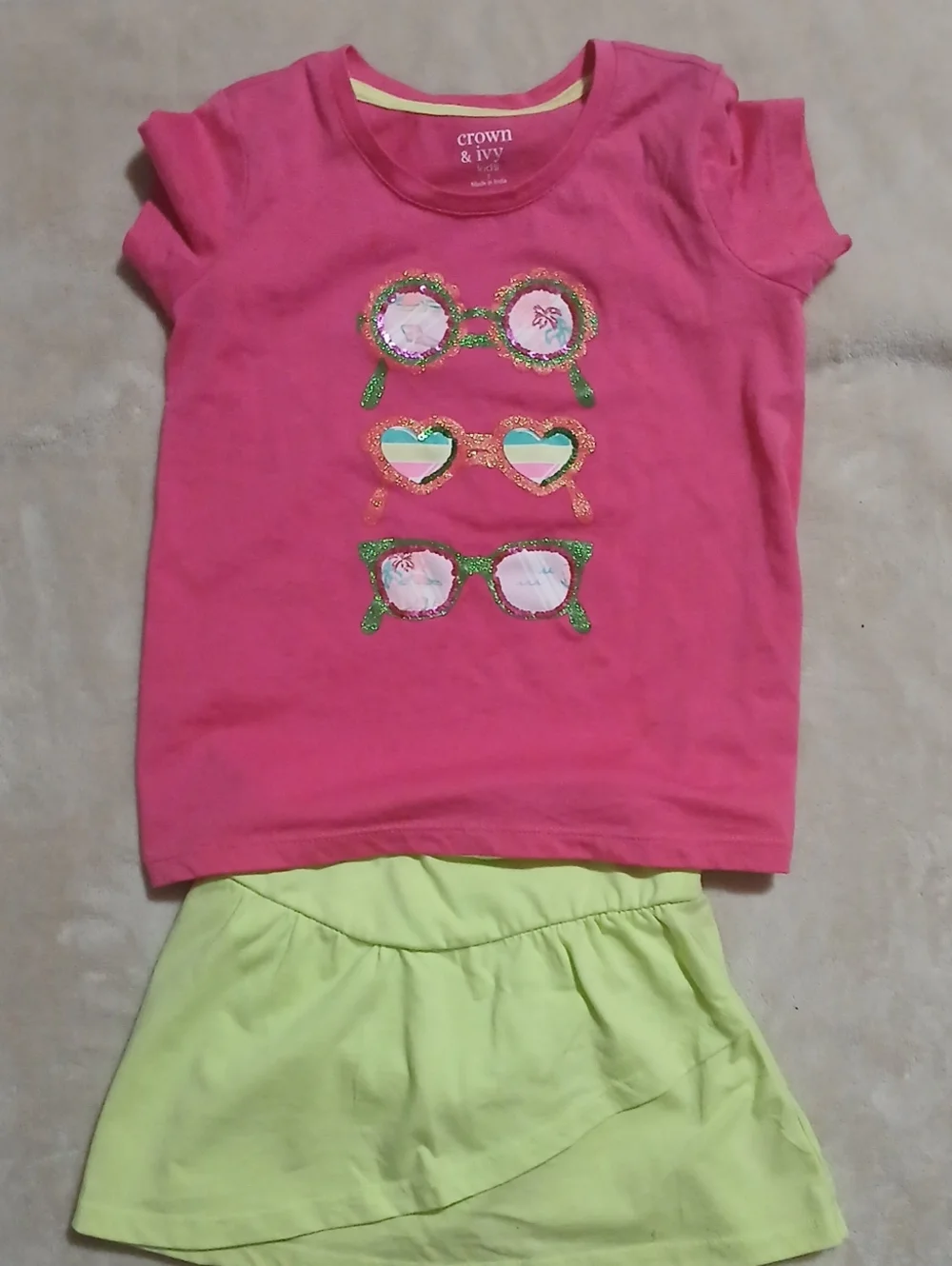crown & ivy Pink and Lime Girls Matching Set - Sunglass Graphic Tee & Skirt
